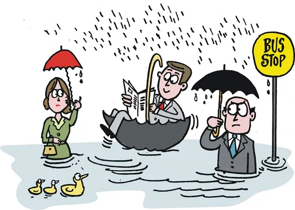 Vektor-Karikatur von Pendlern, die im Regen an einer Bushaltestelle warten — Stockvektor