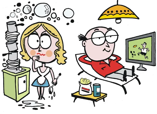 Vettoriale cartone animato di uomo guardando la televisione mentre la donna lava i piatti . — Vettoriale Stock