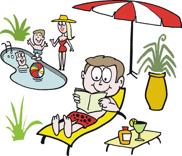 プールのそばの家族リラックスのベクトルの漫画 — ストックベクタ