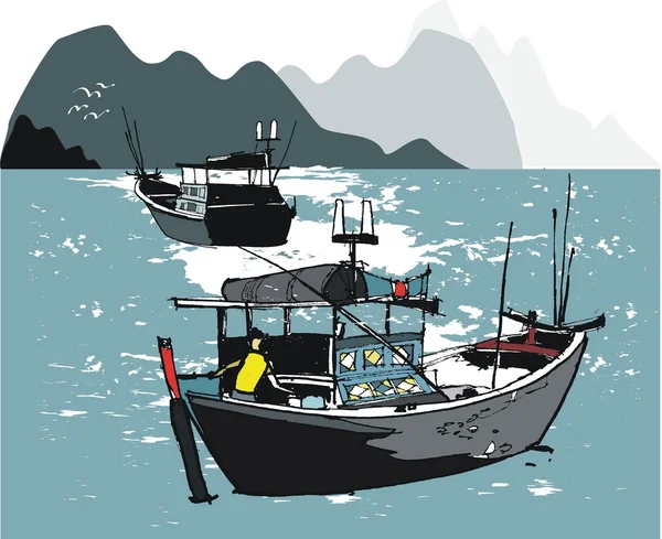 Vector illustration of Vietnamese fishing boats at sea — Stock Vector