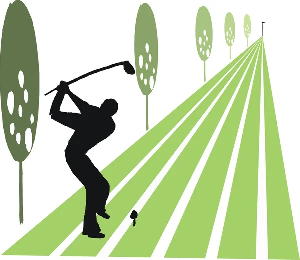 Vector illustration of golfer swinging club on fairway. — Stock Vector