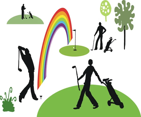 Ilustración vectorial de golfistas jugando en curso . — Archivo Imágenes Vectoriales