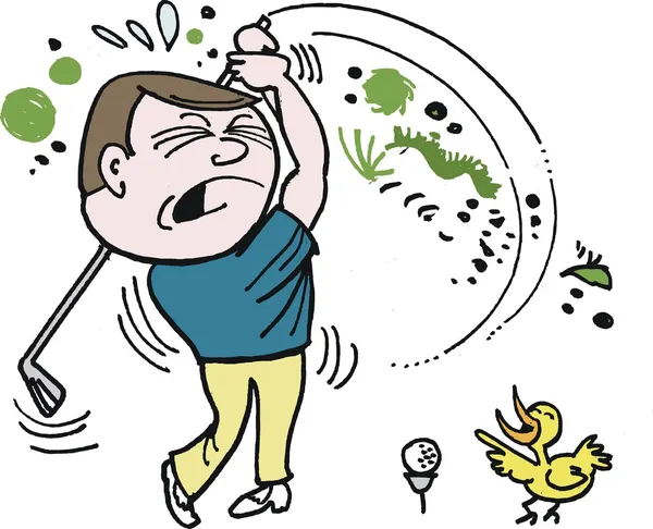 vektör karikatür sinirli golfçü topa vurmaya çalışıyor
