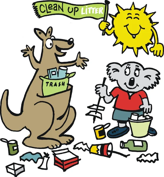 Vector cartoon of Australian animals learning to pick up rubbish and litter Vector Graphics