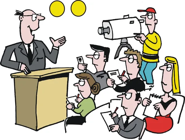 Векторна карикатура людини, що дає телевізійну прес-конференцію — стоковий вектор