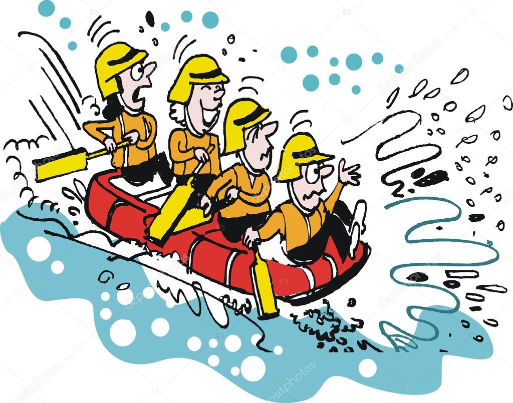 Vector cartoon of shooting rapids in rubber raft