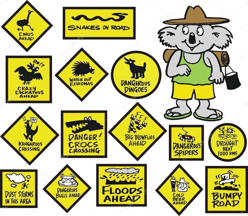Vector cartoon showing funny Australian road signs and koala bear.