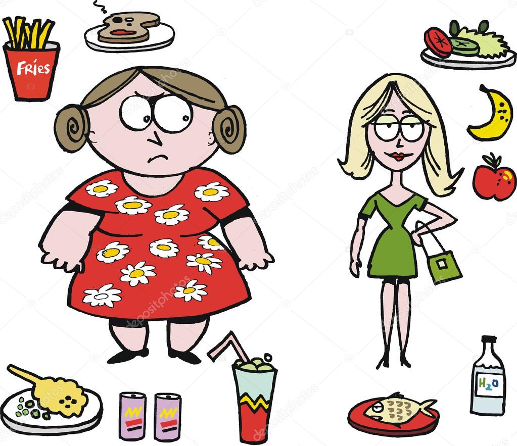 Vector cartoon of overweight woman with fast food
