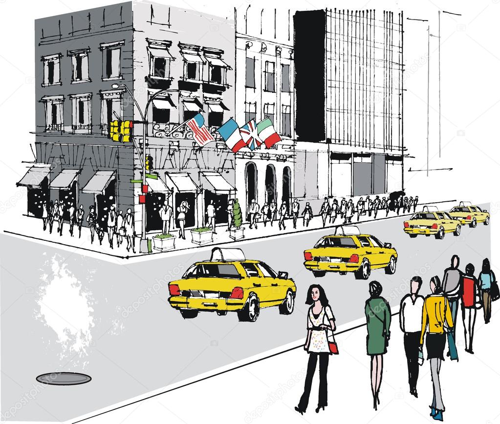 Vector illustration of New York street with traffic and
