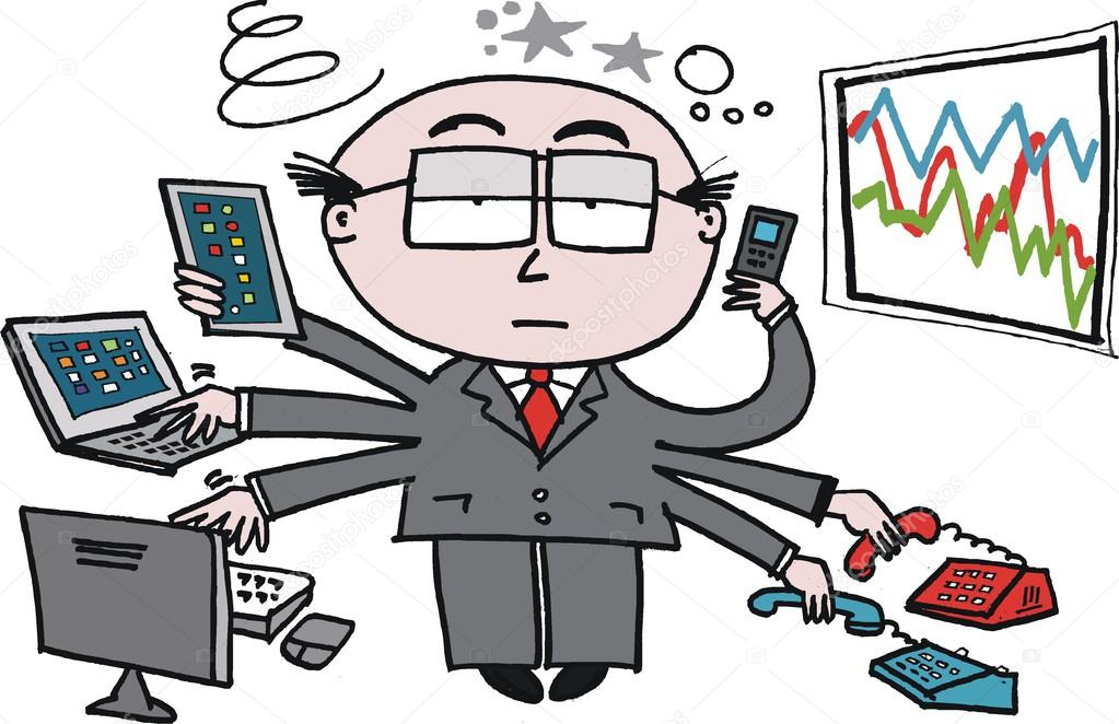 Vector cartoon of business man using new technology in office.
