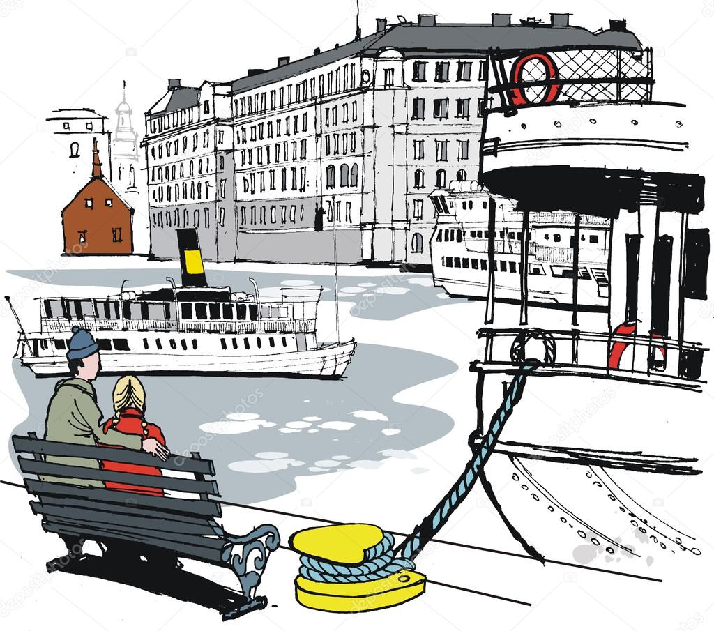 Vector illustration of Stockholm boat harbor with buildings and