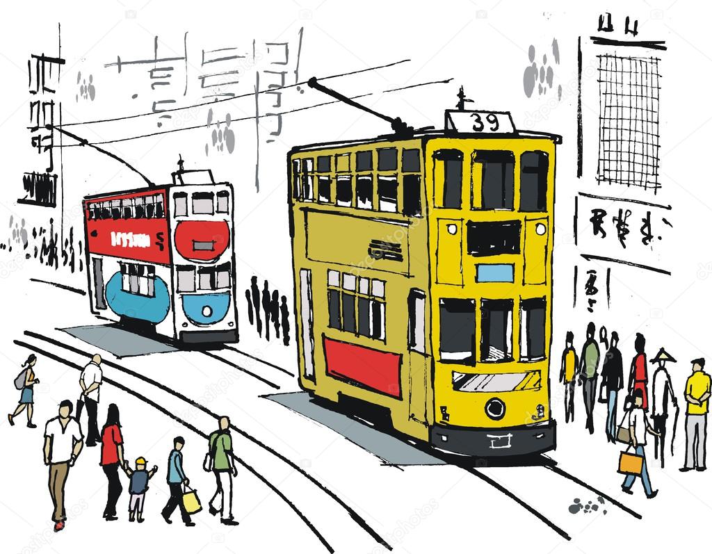 Vector illustration of Hong Kong trams, and pedestrians.