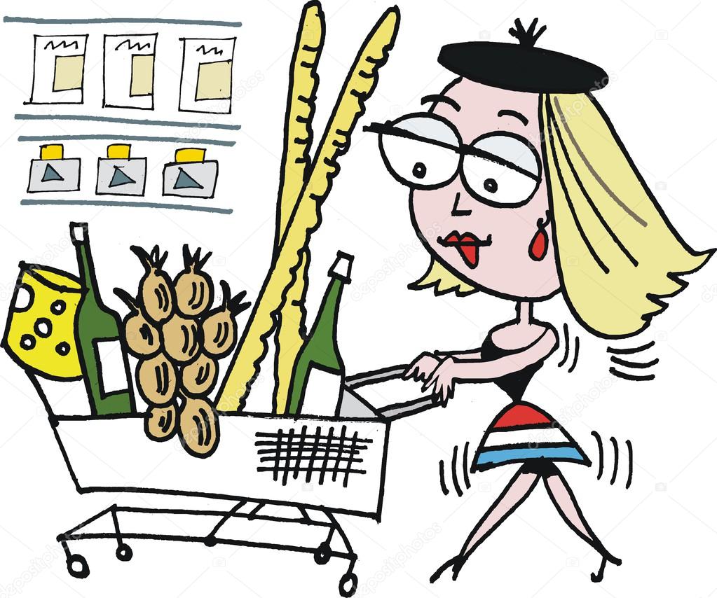 Vector cartoon of French woman shopping in supermarket.