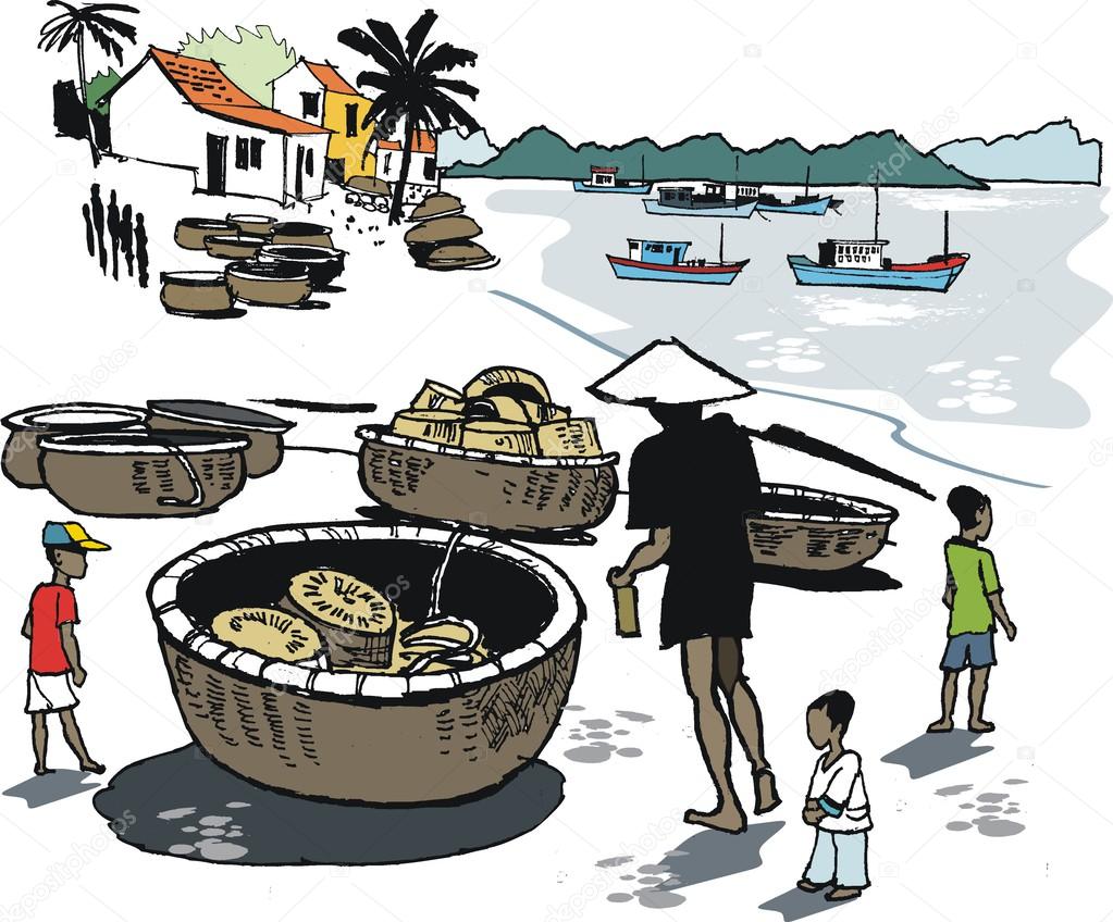 Vector illustration of Vietnamese fishing coracles on beach
