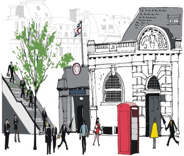 vektör çizim şehir commuters Londra tren istasyonu.