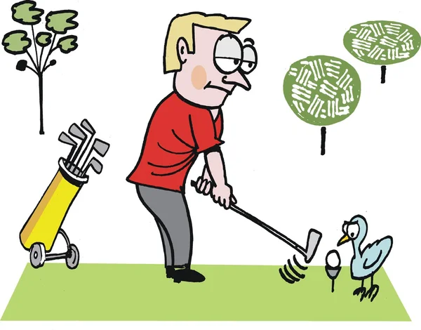 Vector cartoon of man on golf course with bird. — Stock Vector