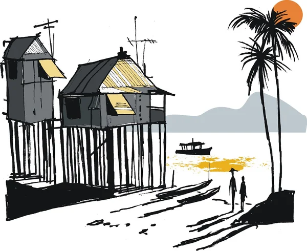 Malay balıkçı köyü, Singapur Asya vektör çizim — Stok Vektör