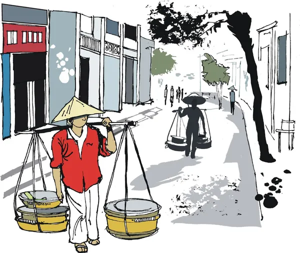 Illustration vectorielle d'un homme asiatique portant des paniers alimentaires, Hanoi, Vietnam — Image vectorielle