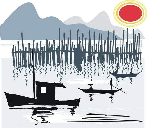Векторное рисование рыбацких лодок и причала, Сингапур — стоковый вектор