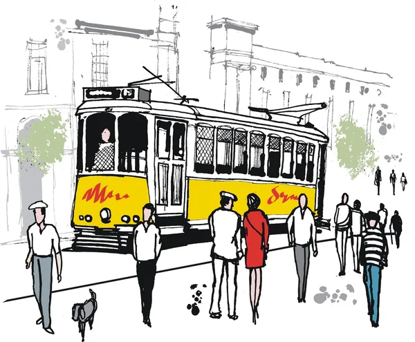 Векторный рисунок Лиссабонского трамвая с пешеходами, Португалия . — стоковый вектор