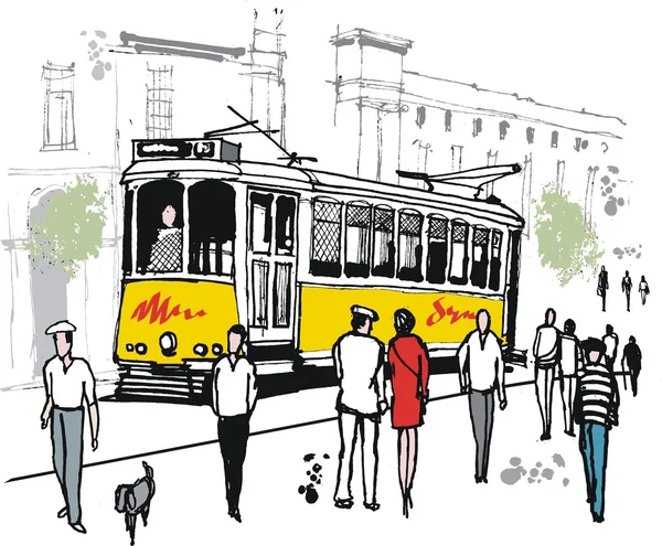 Dessin vectoriel du tramway de Lisbonne avec piétons, Portugal . — Image vectorielle