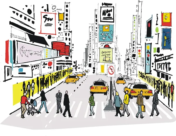 Ilustración vectorial de peatones cruzando la carretera en Times Square, Nueva York — Vector de stock