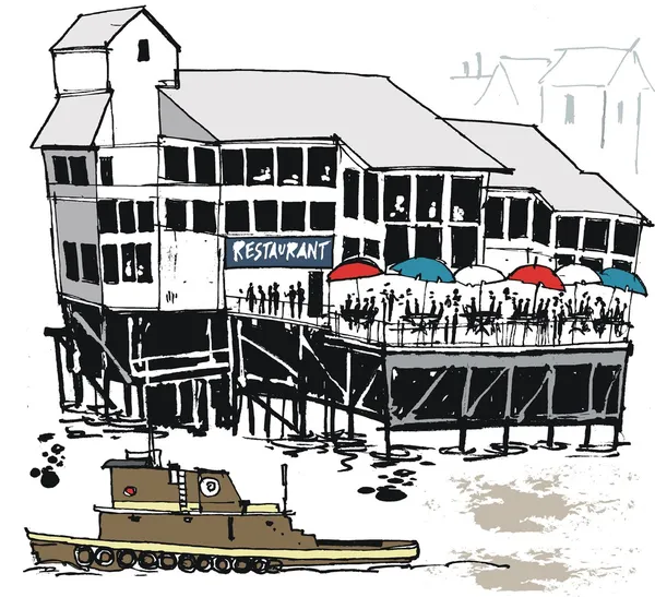 Vektorové ilustrace z přístaviště restaurace a remorkér, new orleans, usa — Stockový vektor