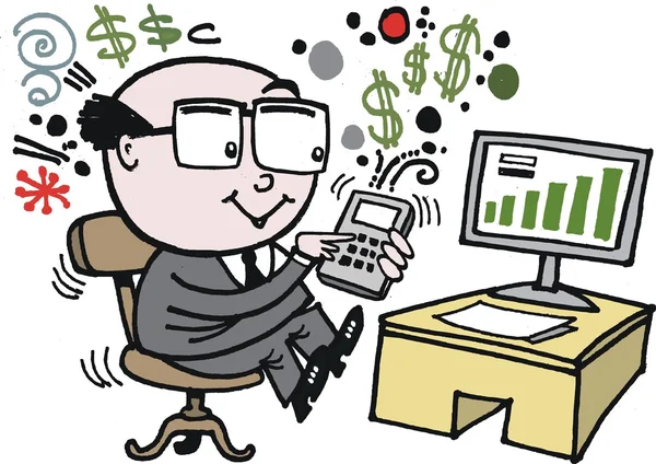 vektör karikatür bir Ofis Masası hesap makinesi kullanarak adam