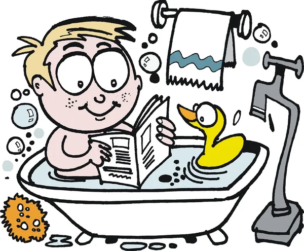 Vector de dibujos animados de niño leyendo en el baño — Vector de stock