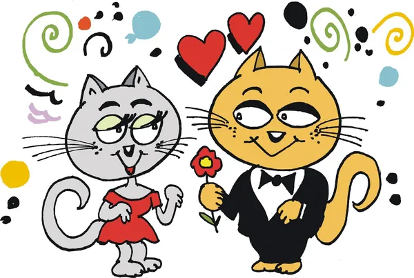 Векторний мультфільм про смішного кота, що дарує квітку дівчині . — стоковий вектор