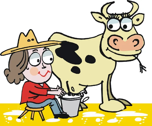 Vector cartoon of woman milking cow — Stock Vector