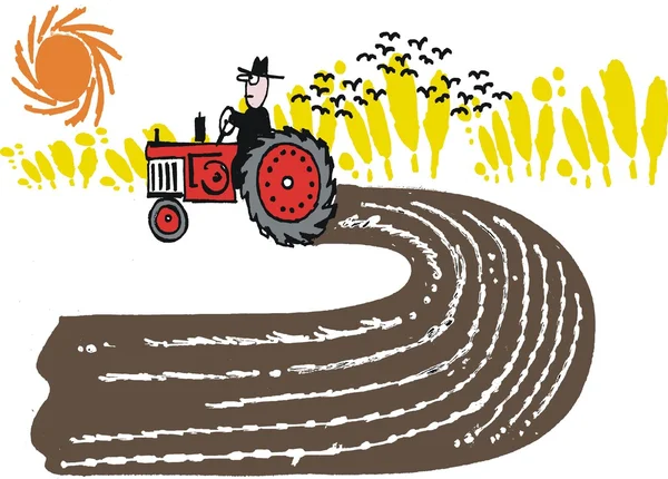 Vector de dibujos animados del agricultor en el tractor en el campo — Archivo Imágenes Vectoriales