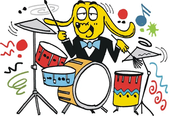 Vector cartoon of dog playing drums — Stock Vector