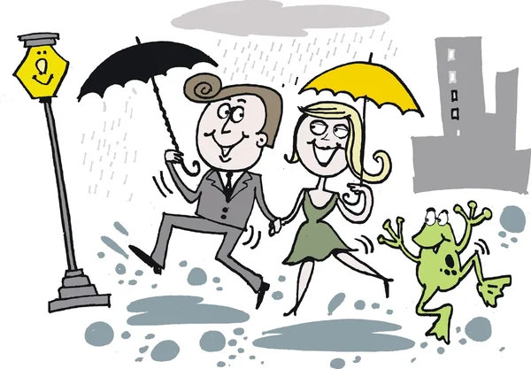 Vector cartoon of man and woman dancing in the rain — Stock Vector