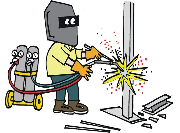 Vector cartoon of man welding steel beams — Stock Vector