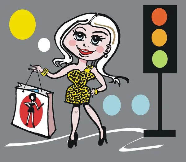Vektor kartun wanita stylish belanja di kota - Stok Vektor