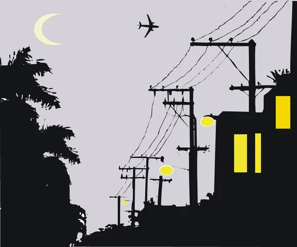 Vector illustration of silhouette telephone poles at night. — Stock Vector