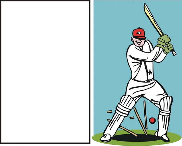 Caricatura vectorial del jugador de cricket siendo boleado en el wicket . — Vector de stock