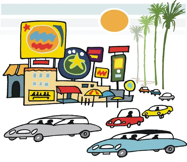 Vector cartoon of buildings, signs and cars in California. — Stock Vector