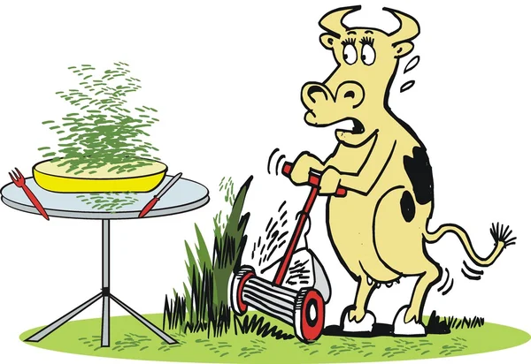 Vector cartoon of hungry cow mowing grass to eat. — Stock Vector