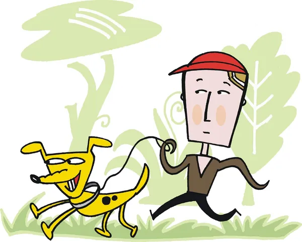 公園で犬の散歩の男のベクトルの漫画 — ストックベクタ