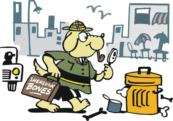 Vector cartoon of detective dog searching for bones. — Stock Vector