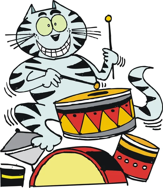 Vector cartoon of cat playing drums — Stok Vektör