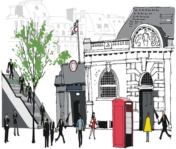 Ilustración vectorial de los viajeros urbanos en la estación de tren de Londres . — Archivo Imágenes Vectoriales