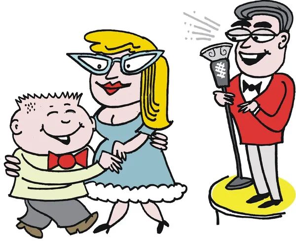 Vector cartoon of odd couple dancing with man singing. — Stock Illustration Vector cartoon of odd couple dancing with man singing. Vector Graphics