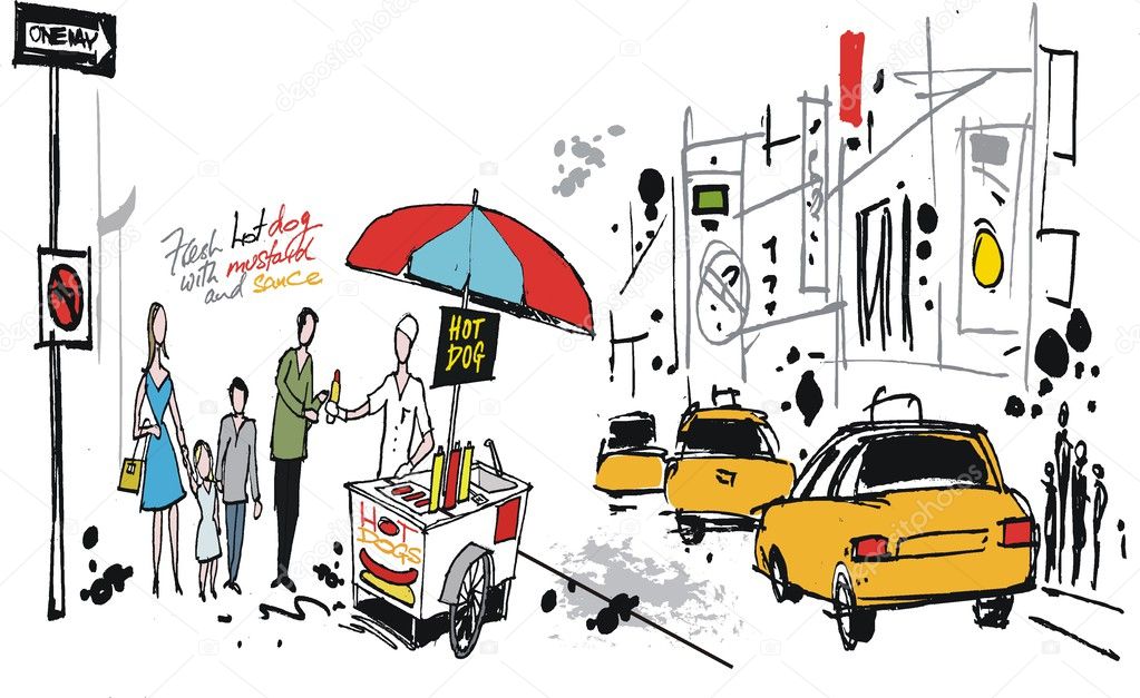 Vector illustration of hot dog stand in New York