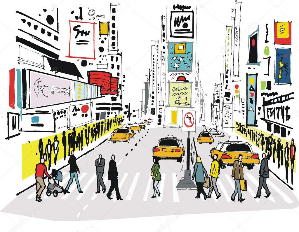 Vector illustration of pedestrians crossing road at Times Square, New York