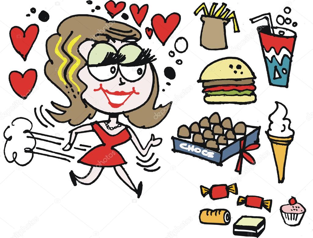 Vector cartoon of woman looking at sweets and cakes