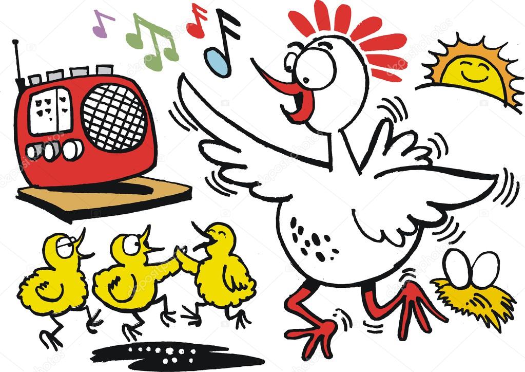 Vector cartoon of happy hen and chicks dancing to radio