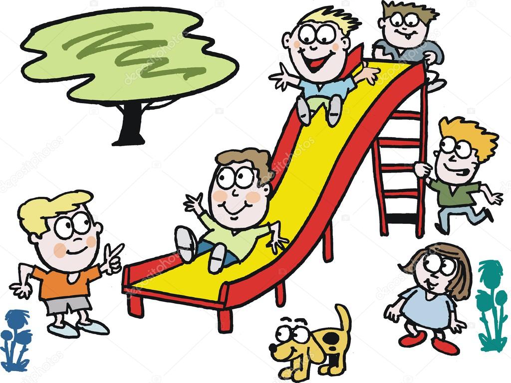 vector cartoon of children playing on slide in park stock vector cartoon playing